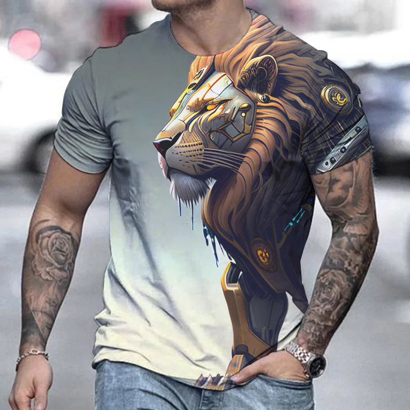 Summer Retro T-Shirt Animal Lion 3d Print Fashion Short Sleeve Top Elastic Oversized Clothing Sweatshirt Fitness T Shirt For Men - Hiron Store