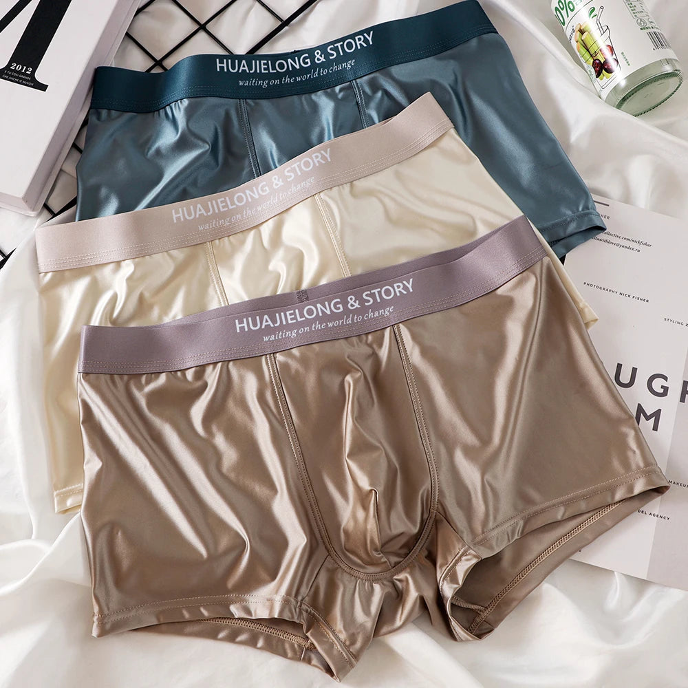 3PCS/Pack Luxury Ice Silk  Boxers  Smooth Cool Solid Men's Underpants Breathable Mesh  Underwear