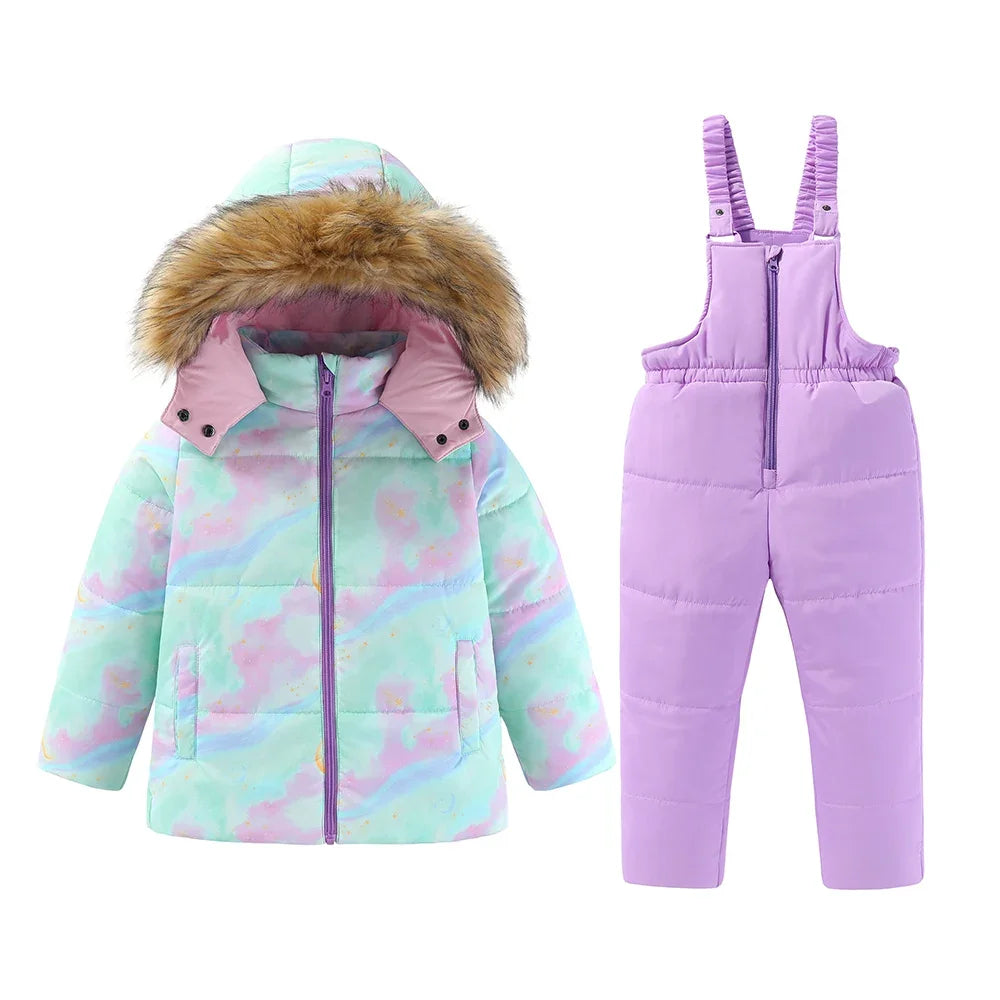 4-8 Kids Girls Hooded jacket Snowboard Coats Children Winter Warm Pant Outdoor  Cotton  Skiing