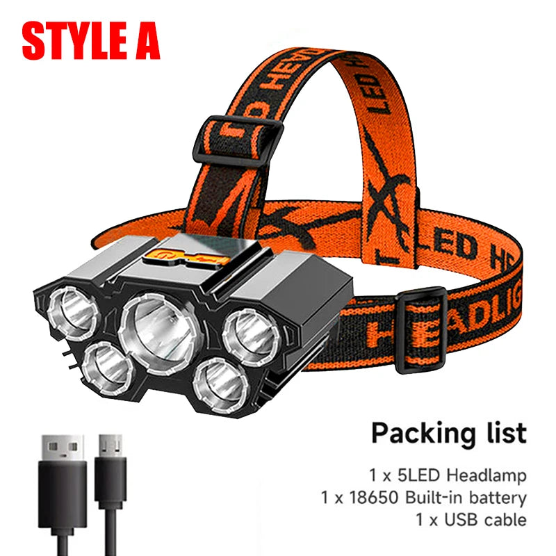 5 LED Headlamp Rechargeable with Built in 18650 Battery Strong Light Headlight Camping Adventure Fishing Head Light Flashlight - Hiron Store