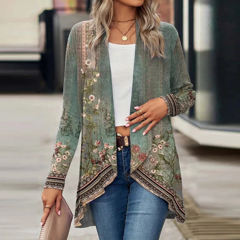 Women Jacket Turn Down Collar Solid Long Sleeve Print Cardigan Women Casual Coats