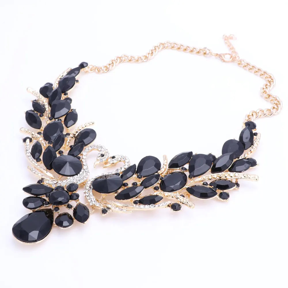 Black Crystal Bridal Jewelry Sets Gold Color Swan Pendant Necklace Earring set