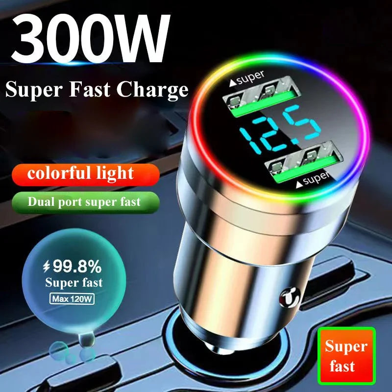 300W Dual Port USB Car Charger with LED Light Voltage Monitor Super Fast Charging