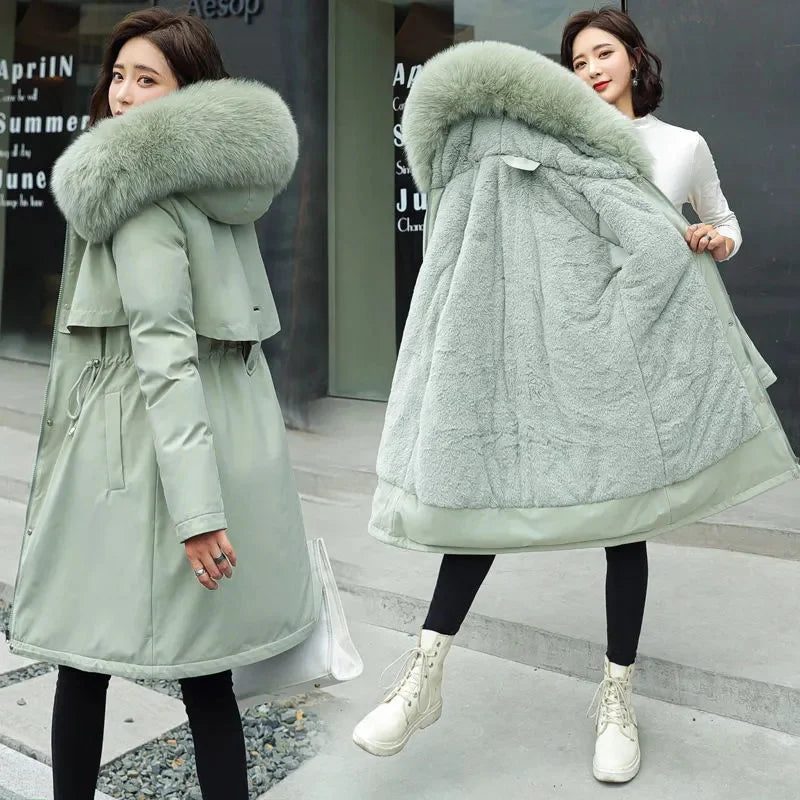 Winter Women Jacket Long Parka  Fur Collar Loose Long Coat Wool Liner Hooded Jacket