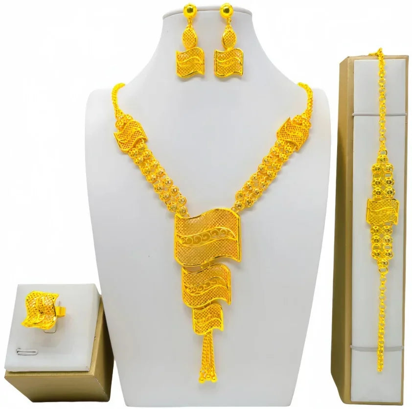 Fashion India Latest Design Jewelry Luxury African Jewelry Necklace Earrings Ring Bracelet Set Dubai Gold Color