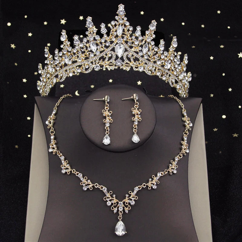 Luxury Silver Color Crystal Water Drop Bridal Jewelry Sets Rhinestone Tiaras Crown   Earrings