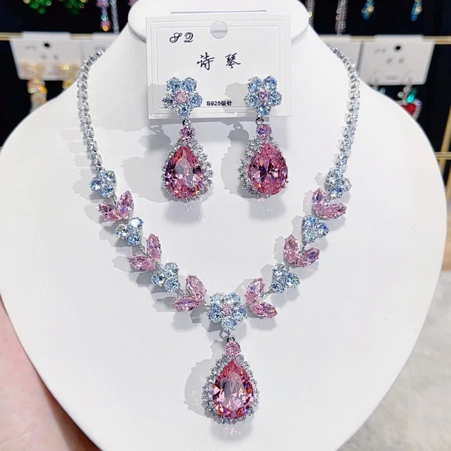 Women Colorful Fashion Zircon Necklace Earrings 2025