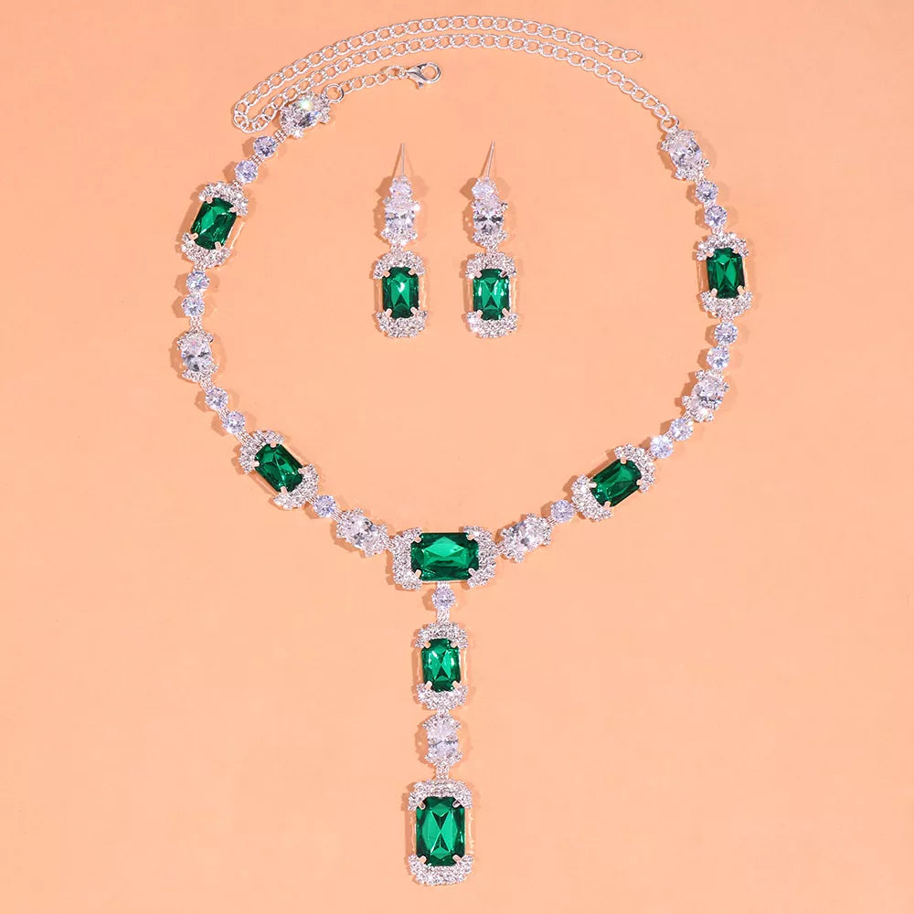 Stonefans Green Crystal African Jewelry Set Square Drop for Women Luxury Zircon Necklace Earrings Bridal Jewelry Set Accessories - Hiron Store