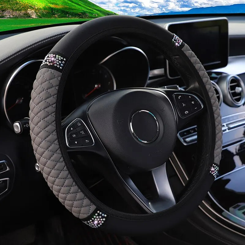 Car Steering Wheel Cover Without Inner Ring 37-38cm Three-dimensional Leather Embroidered Color Diamond-encrusted Breathable - Hiron Store