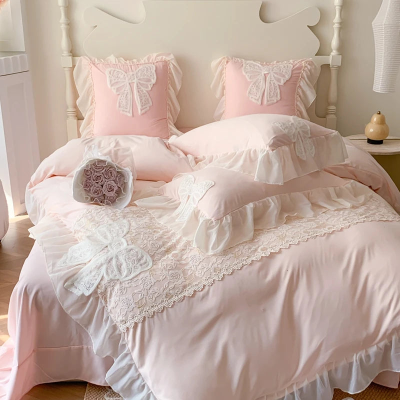 Princess Bedding Set Coquette Lace Bow Beauty Solid Colour Comforter Sets Luxury  Duvet Cover