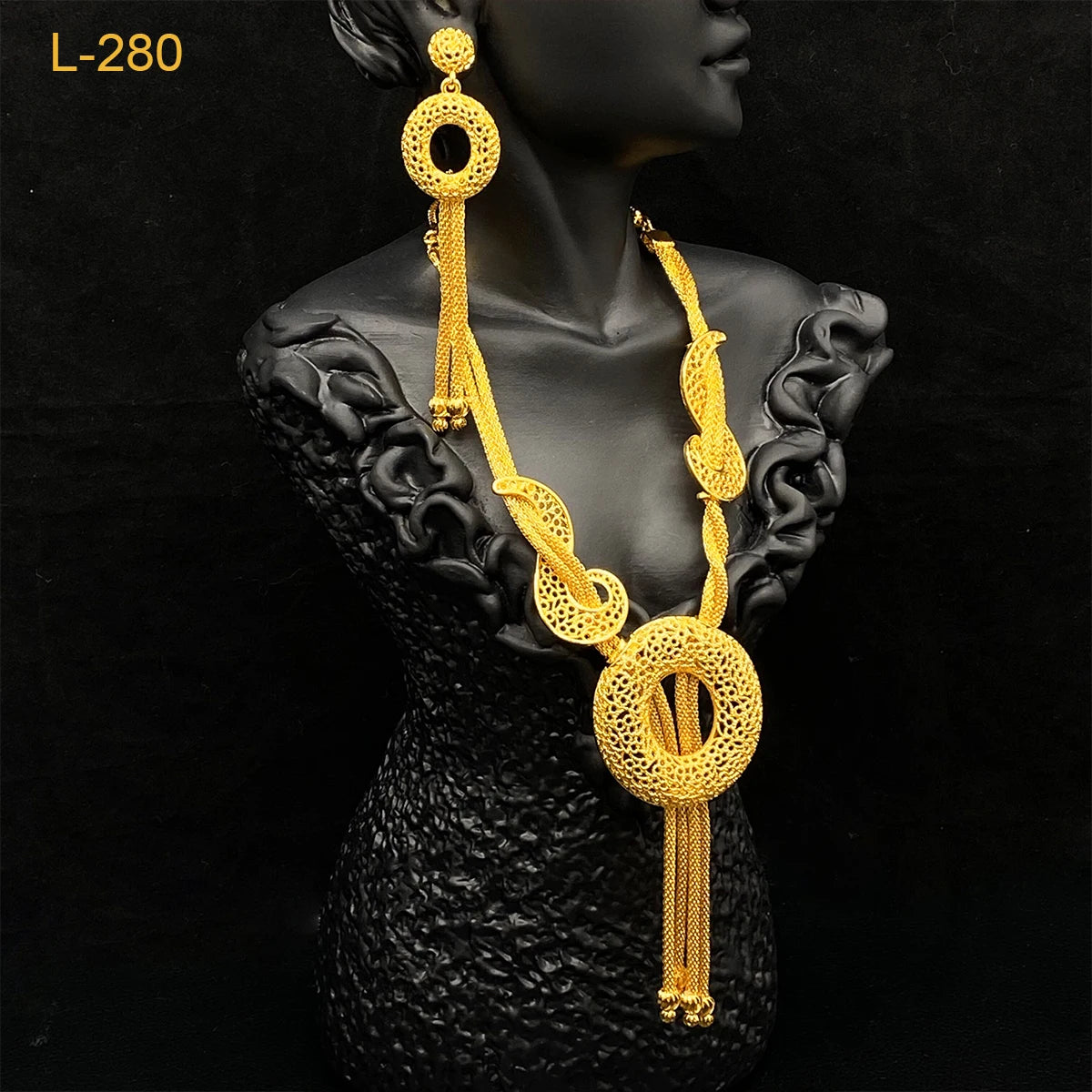 ANIID Luxury African Pendant Necklace Earrings Set With Tassel for Women Arabic Banquet 24K Gold Plated Jewelry Sets Party Gifts - Hiron Store