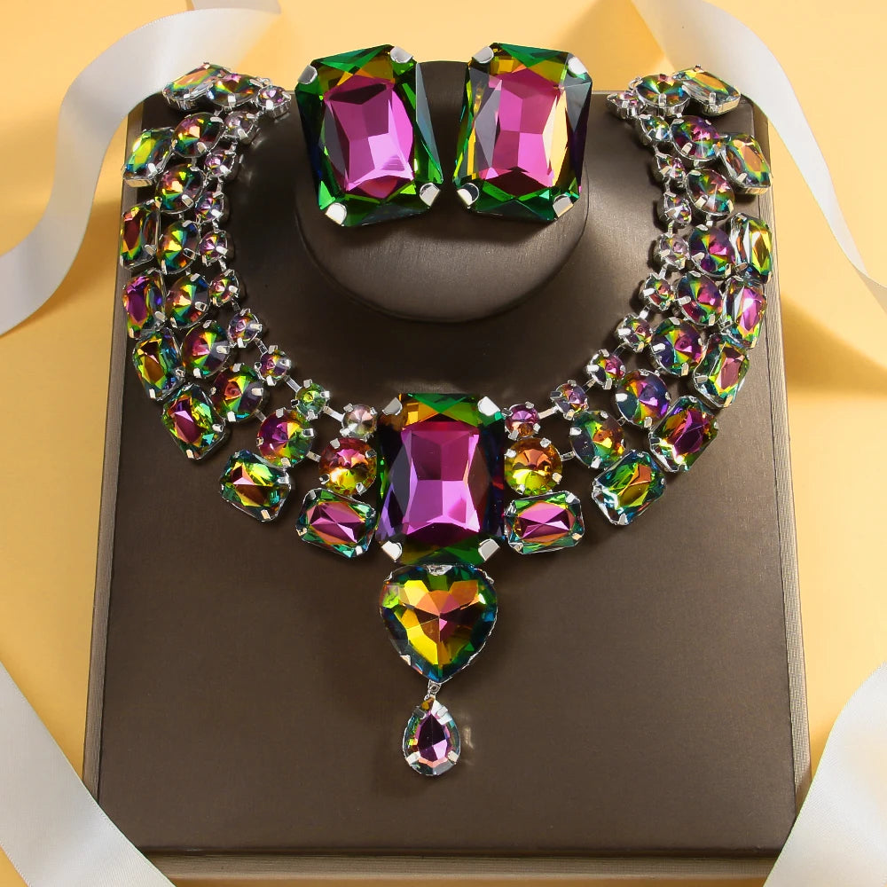 Stonefans Colorful Necklace Earrings Set Chunky Accessories Rhinestone Nigerian Jewelry Set