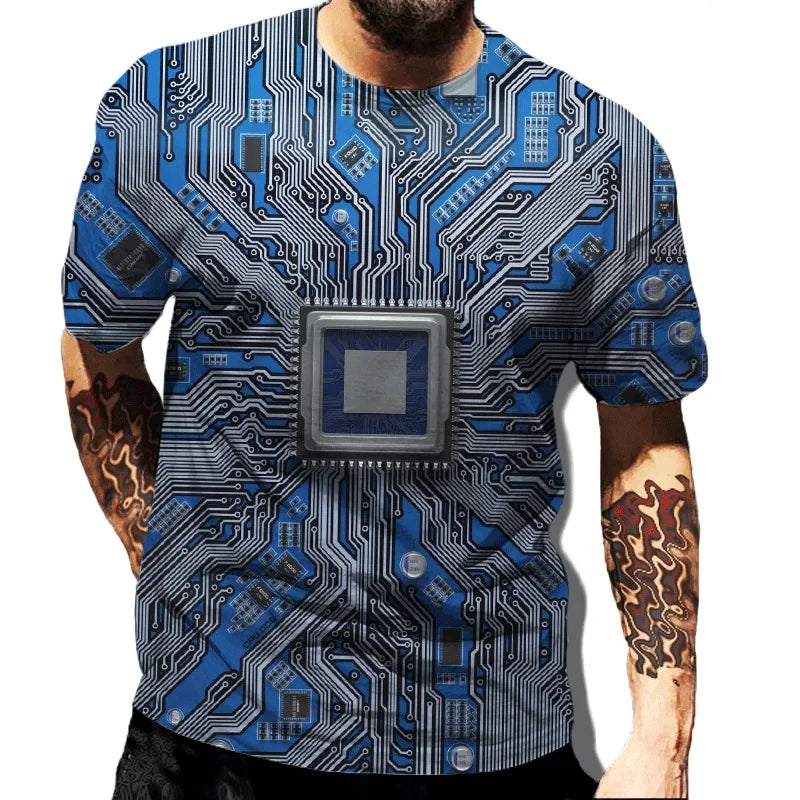 Circuit Board Electronic Chip Tee Unisex Summer Casual Short Sleeve Men Harajuku Streetwear Crew Neck Oversized Family T-shirt - Hiron Store