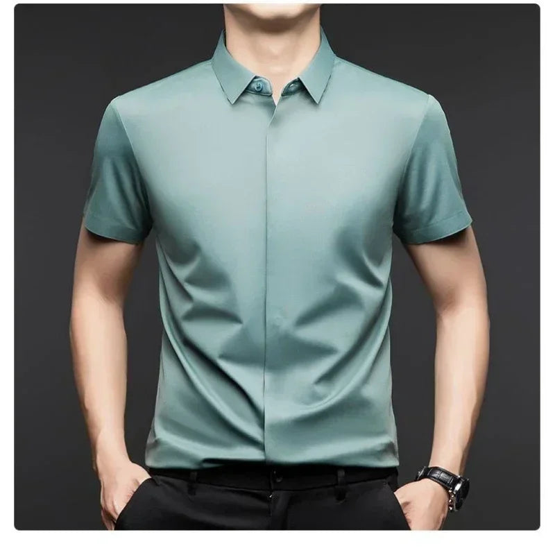 High end Mulberry Silk Dress Shirts, Business  Men Wrinkle Resistant, Button Invisible Elastic Tops, Luxurious Male  Clothing