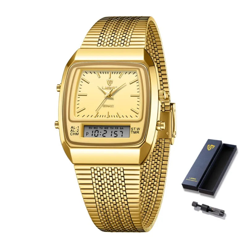 Watch Men Digital Dual Time Week Gold Sport 3bar Waterproof Quartz Wristwatches watch