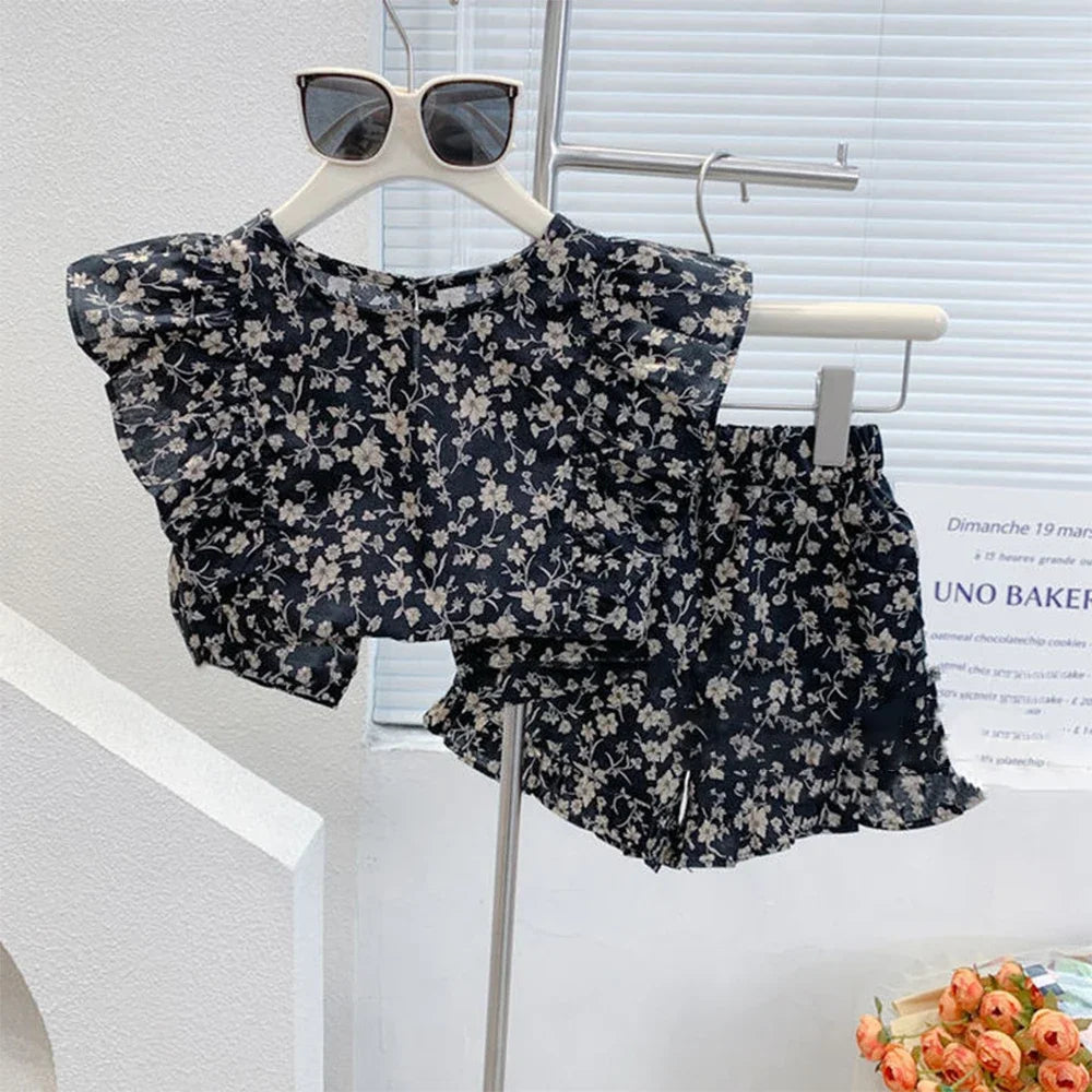 Summer Kids Clothes Floral Chiffon Halter+Embroidered Shorts Straw Children Clothing