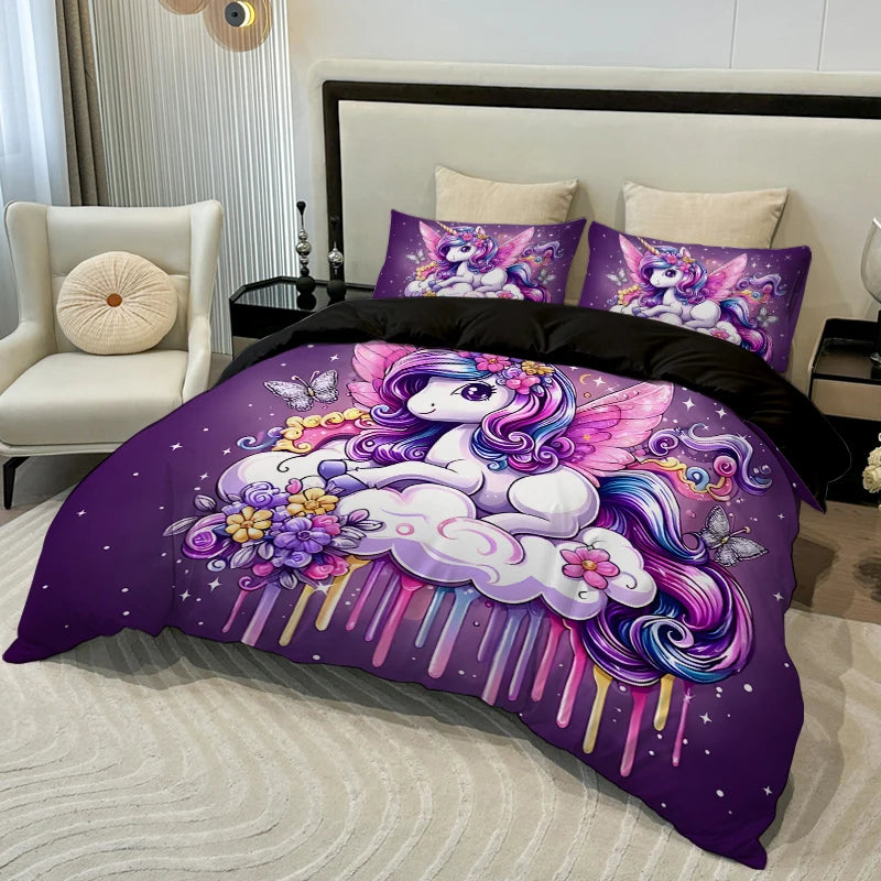 3PC Cartoon Unicorn Comfortable Bedding Set 1Duvet Cover & 2 Pillowcases Polyester Fiber 3D Digital Printing