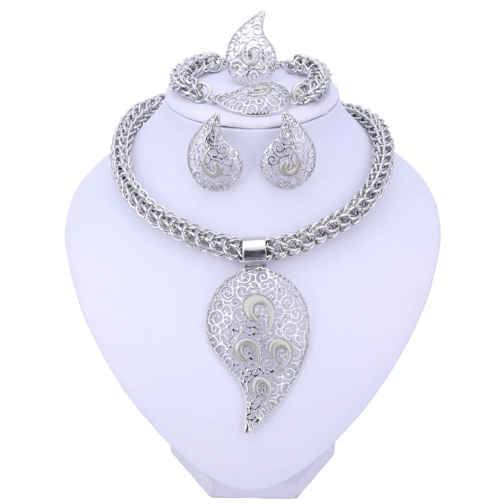 Bridal African Beads Jewelry Sets For Women Silver Color Crystal Necklace Earrings Bracelet Ring set