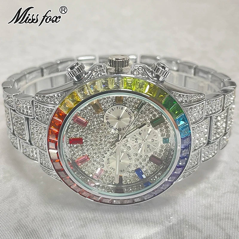 2024 Luxury Brand MISSFOX Gold Hip Hop Watches Men Fashion Rainbow Diamond Waterproof Smart Watch Full Steel Sports Clocks Male - Hiron Store