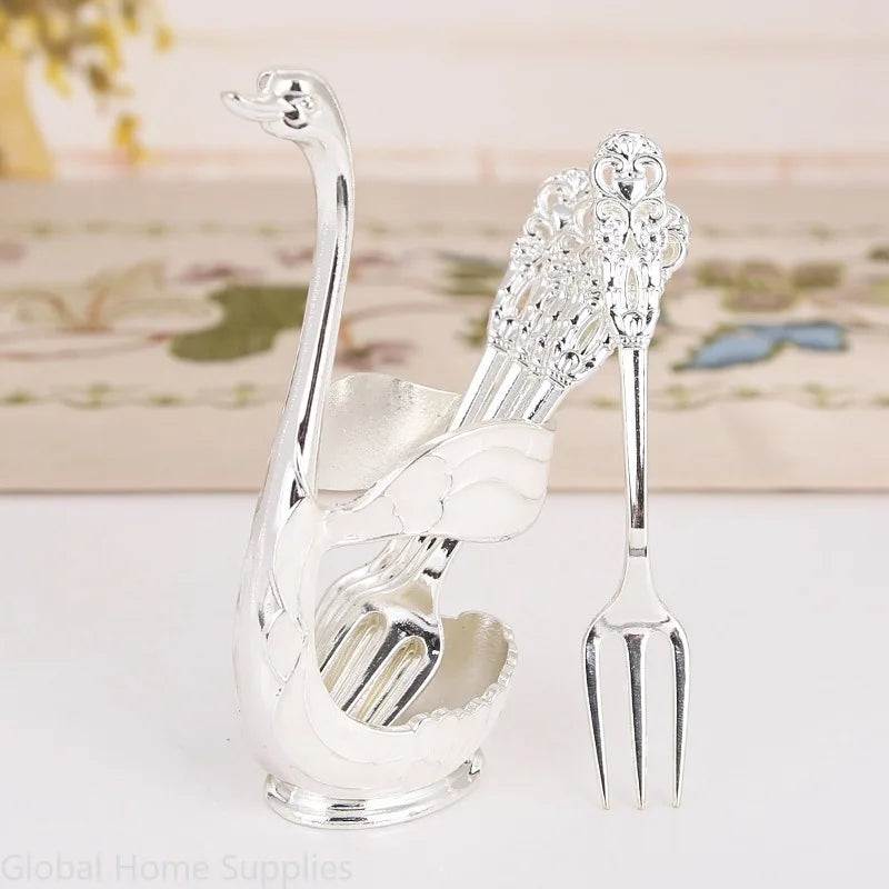 Creative Dinnerware Set Decorative Swan Base Holder with 6 Spoons or Forks