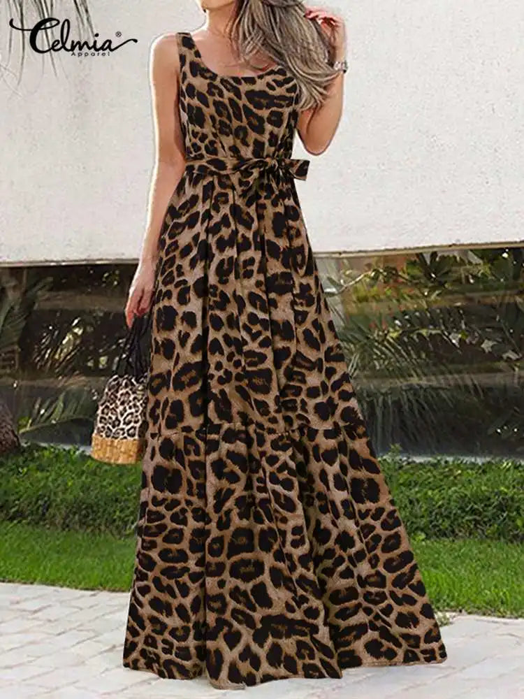 Sleeveless Leopard Print Maxi Dress 2024 Summer Beach Sundress