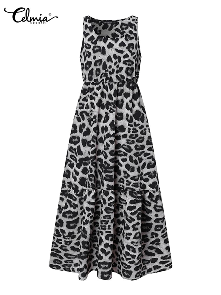 Sleeveless Leopard Print Maxi Dress 2024 Summer Beach Sundress