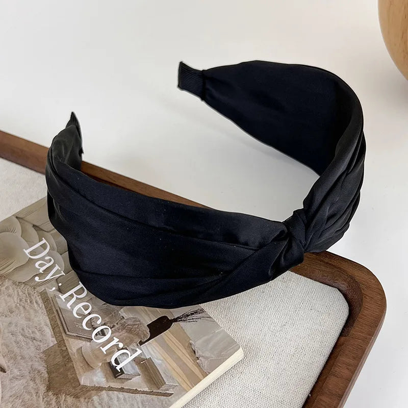 Retro Coffee Color Satin Knotted Wide Headbands Woman Temperament Elegant Hairband Hair Hoop Hair Fashion Accessories