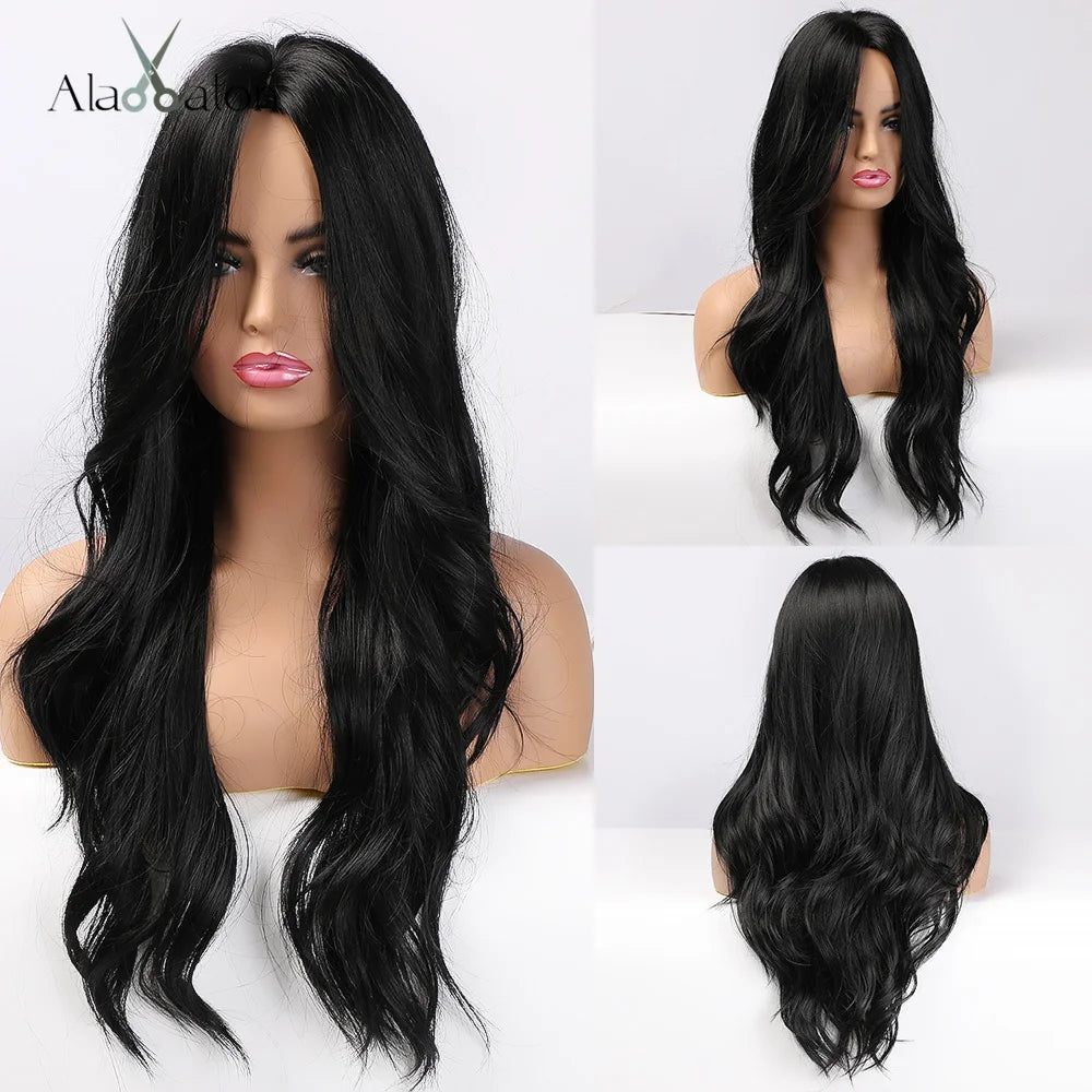 Black Long Body Wavy Synthetic Wigs for Women Afro Natural Black Hair Wigs Middle Part Heat Resistant Fiber Daily