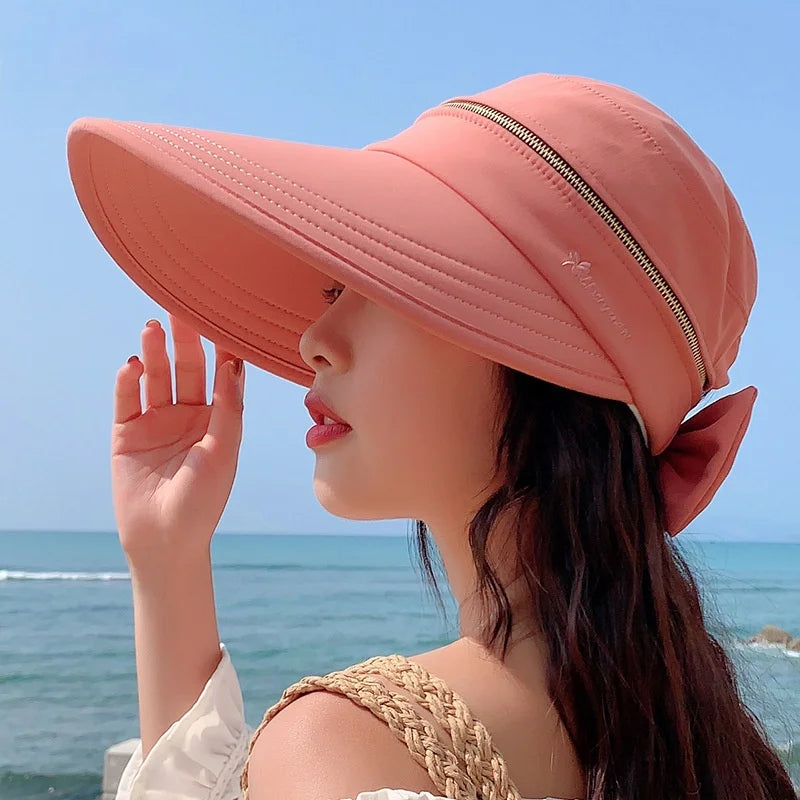 Women's Summer Sun Hat Removable Zipper Cap Top Anti-UV Foldable Big Brim Visor Cap for Cycling