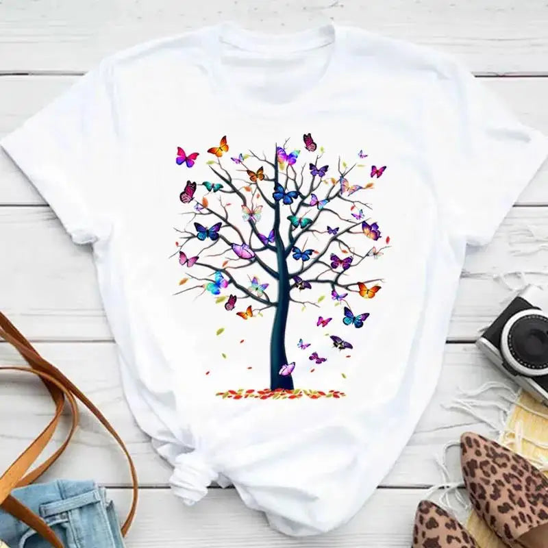 Fashion Women Men T Shirt Colorful Butterfly Petal Graphic Print T Shirt Casual Crew Neck Short Sleeve Plus Size T Shirt Unisex - Hiron Store