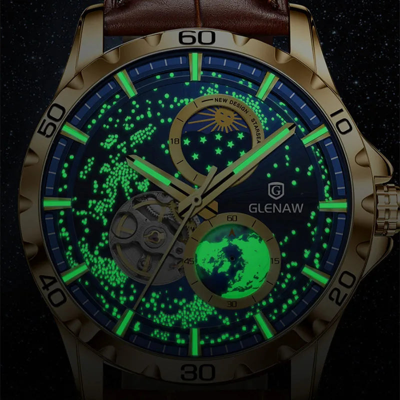 Wristwatch Men Automatic Mechanical Watch Starry Sky Stainless Steel Leather Watchband