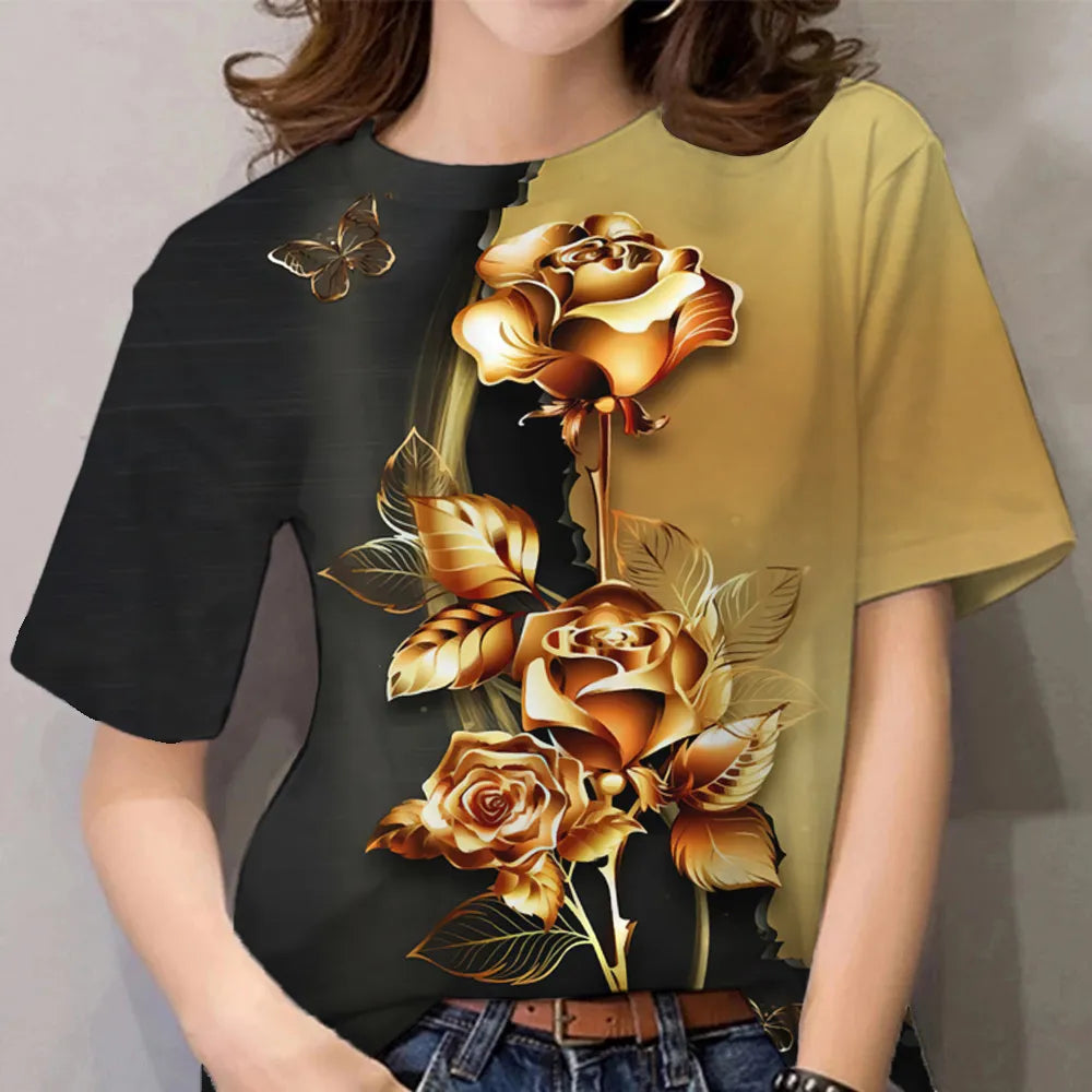 2023 New Luxury Women's T shirt Floral Print Harajuku Clothes O Neck Casual Short Sleeve Tees Daily Y2k Blouse Oversized Tops - Hiron Store