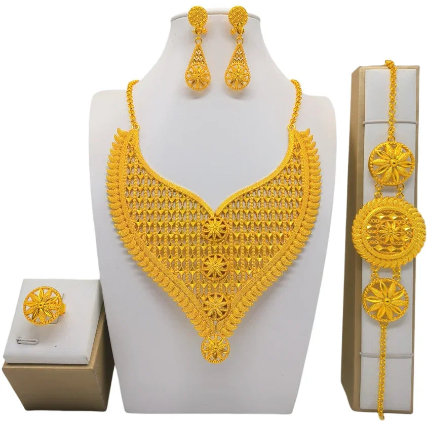 Fashion India Latest Design Jewelry Luxury African Jewelry Necklace Earrings Ring Bracelet Set Dubai Gold Color