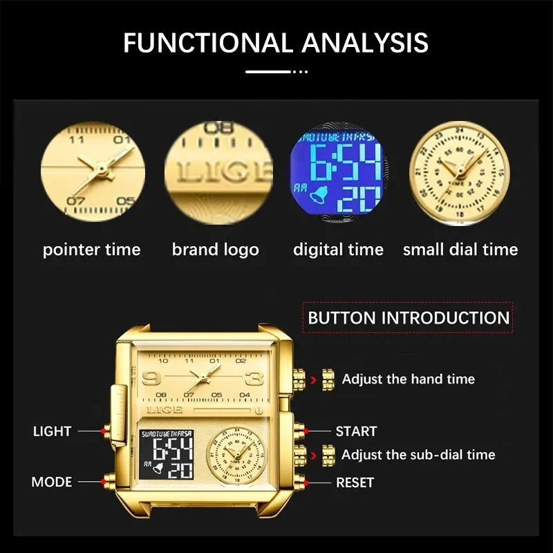 LIGE Luxury Original Men Sports Wrist Watch Gold Quartz Steel Waterproof Watches