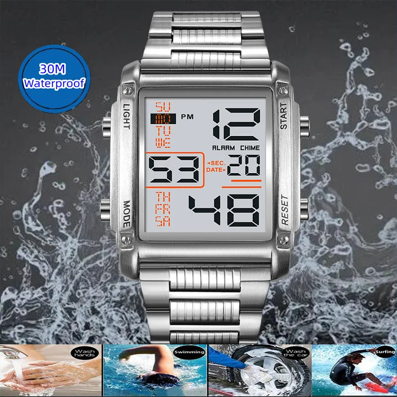 Dual Time Stainless Steel Strap Hardness Glass Dial Led Waterproof Stopwatch Digital Sports Bracelet Watches