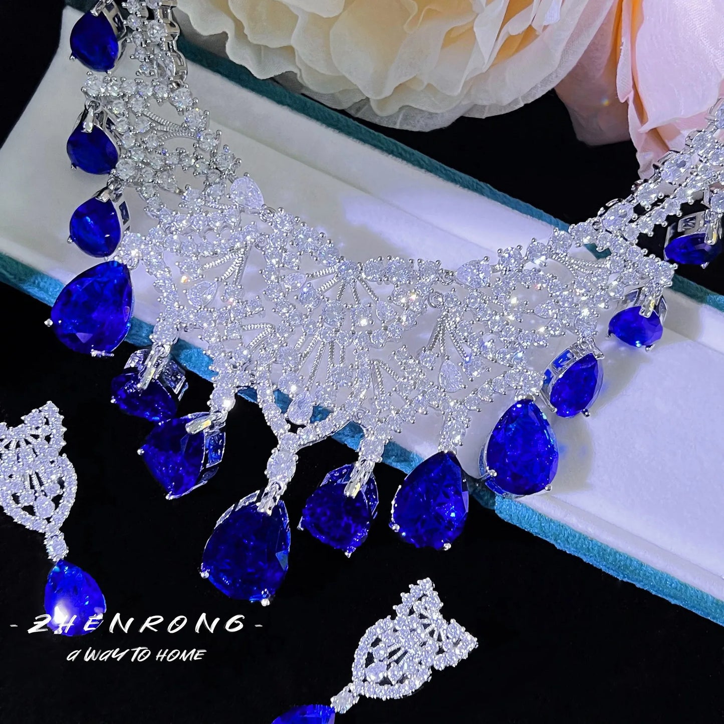Luxury Designer Jewelry Choker Necklaces Earrings Sets Water Drop Blue Sapphires Silver Color Wedding Bride Women Accessories - Hiron Store