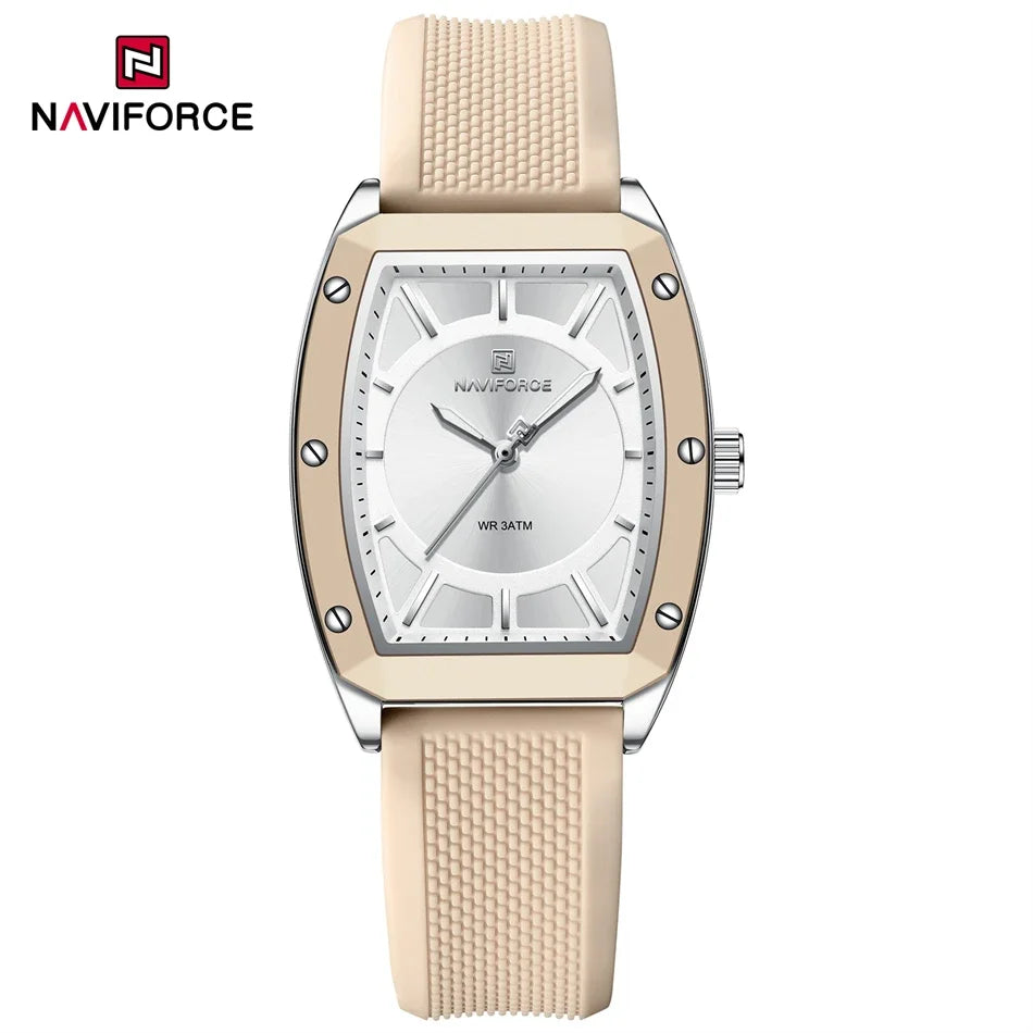 NAVIFORCE Women Quartz Watches Silicone Strap Sports Watch Big Dial Simple Tonneau Waterproof