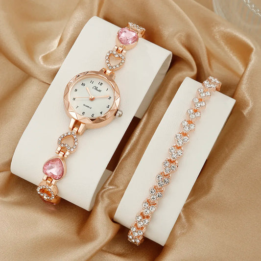 2PCS Set Luxury Watch Women Bracelet Rhinestone Fashion Wristwatch Casual Ladies Watches Bracelet Set Clock - Hiron Store