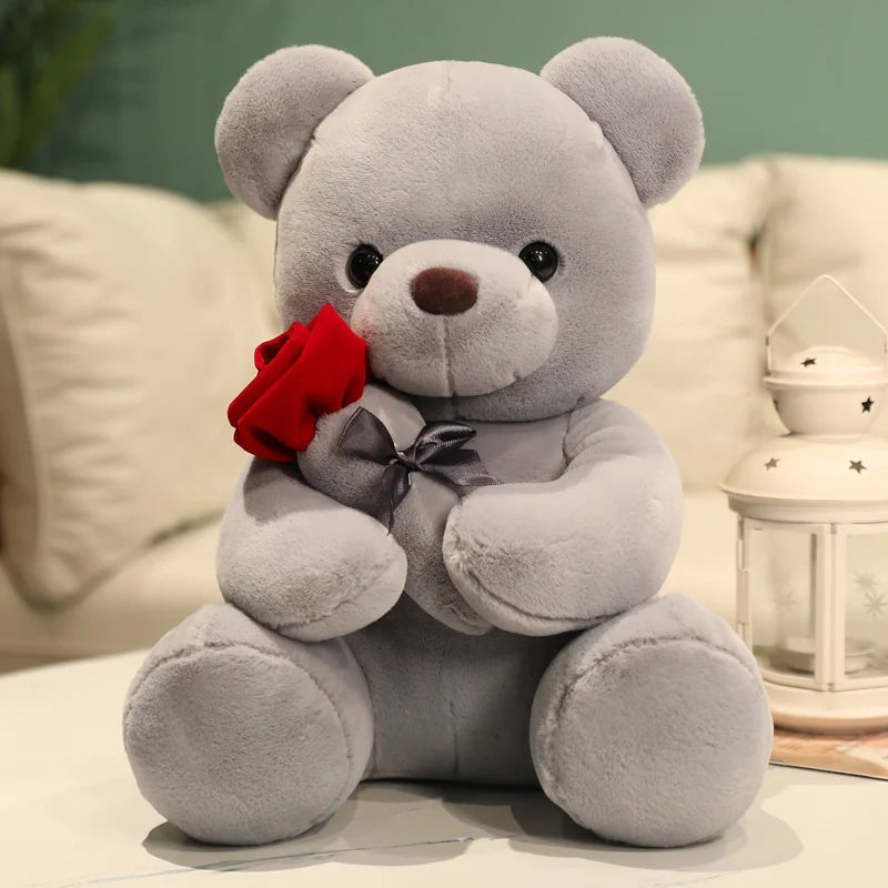 Kawaii Teddy Bear with Roses Plush Toy Soft Bear Stuffed Doll Romantic Gift for Lover Gifts for Girls