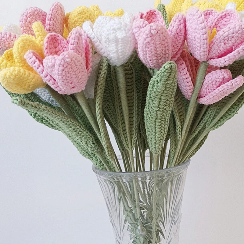 New Hand-Knitted Flowers Artificial Tulips Bouquet Cotton Yarn Crochet Fake Flowers for Wedding Home Table Decor New Year Gifts - Hiron Store