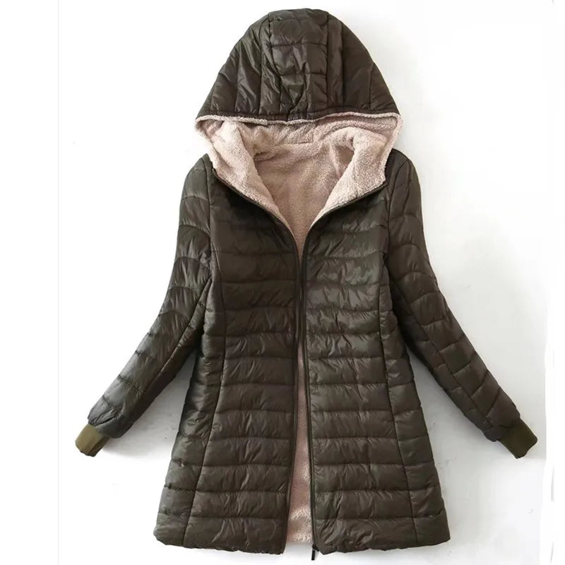 Winter Korean Style Mid-length Hooded Cotton Coat for Women Lambs wool Warm Cotton Jacket