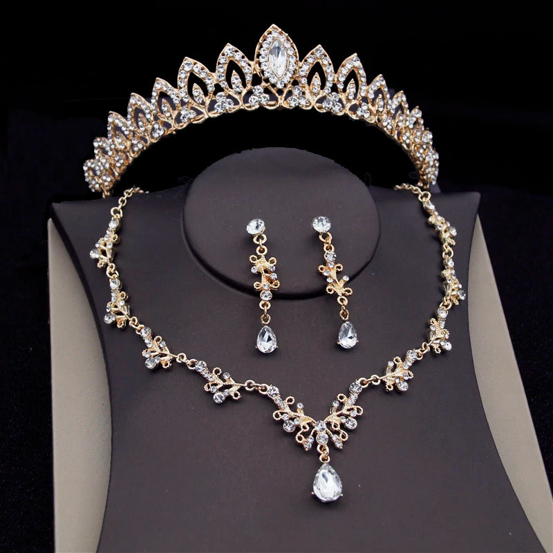 Luxury Silver Color Crystal Water Drop Bridal Jewelry Sets Rhinestone Tiaras Crown   Earrings