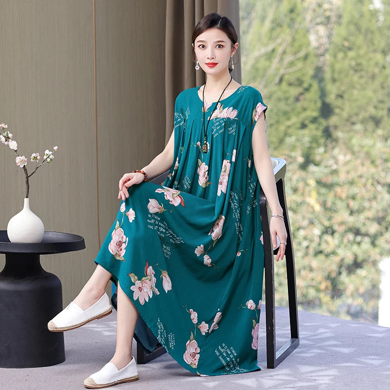 Summer Dress For Women Print Loose O-Neck Cotton Women's Clothing Dresses