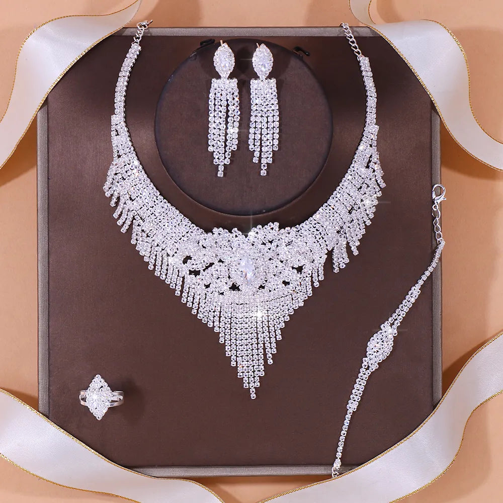 Luxury Indian Bridal Jewelry Sets Women Accessories Fashion Tassel Rhinestone Necklace Earrings Sets Wedding Jewelry - Hiron Store