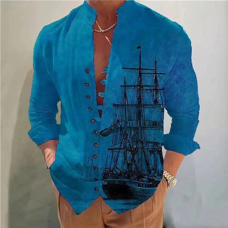 Spring Autumn Sailboat printin Hot Sale Men's Long-Sleeved Shirts Solid Color Stand-Up Collar  Casual Style Plus Size Shirts New - Hiron Store