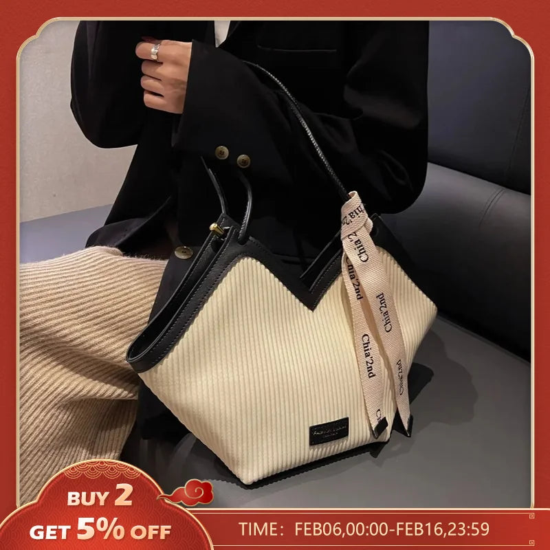 Korean Style Big Bag 2024 Autumn and Winter New Women's Bag Casual All-match Canvas Bag Commuter Shoulder Bag Student Tote Bag - Hiron Store