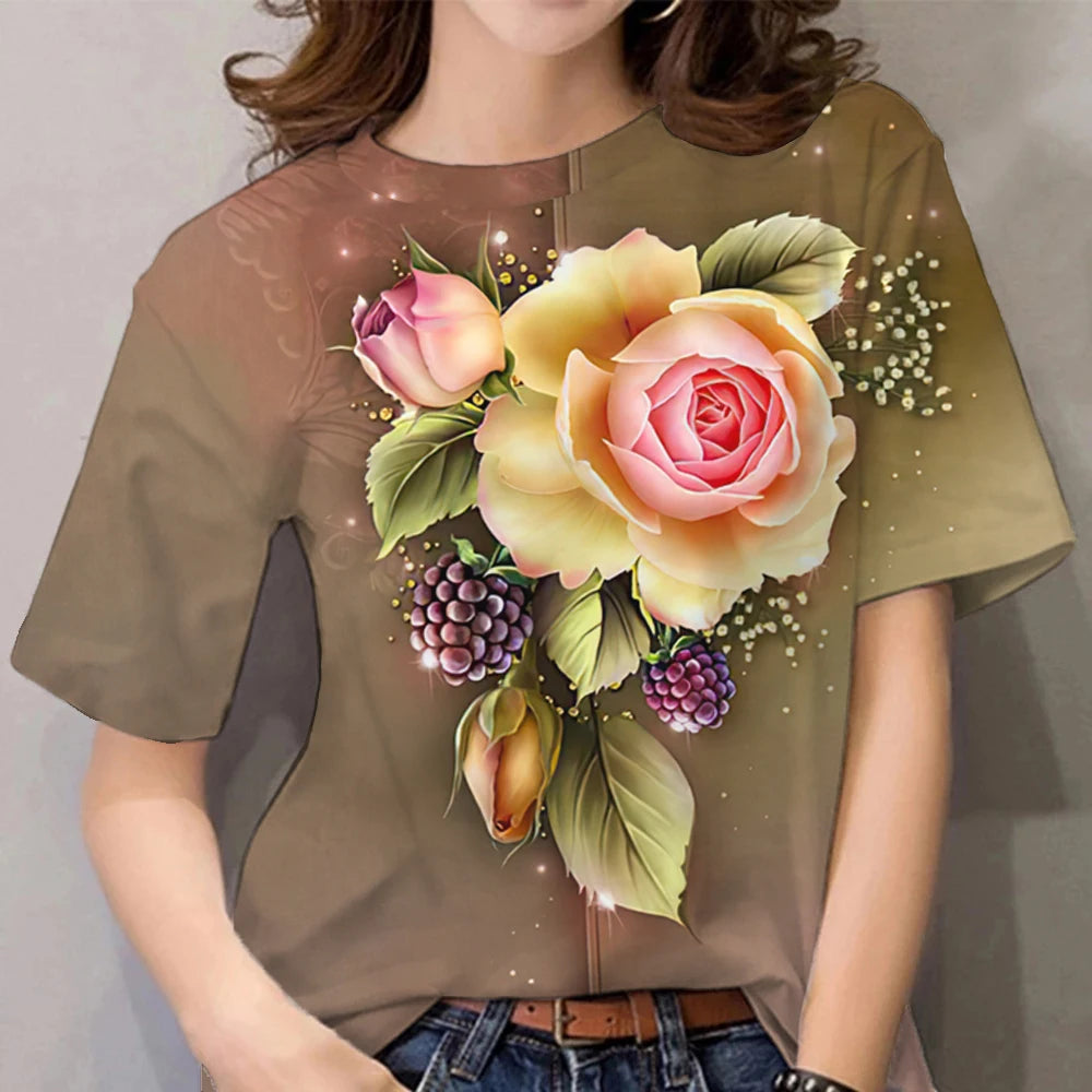 2023 New Luxury Women's T shirt Floral Print Harajuku Clothes O Neck Casual Short Sleeve Tees Daily Y2k Blouse Oversized Tops - Hiron Store