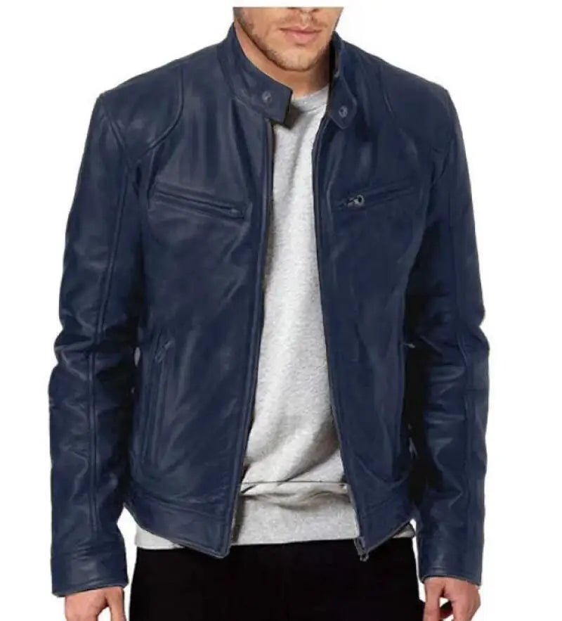 Men's Leather Jacket Slim Fit Stand Collar PU Jacket Male Anti-wind Motorcycle Zipper Jackets