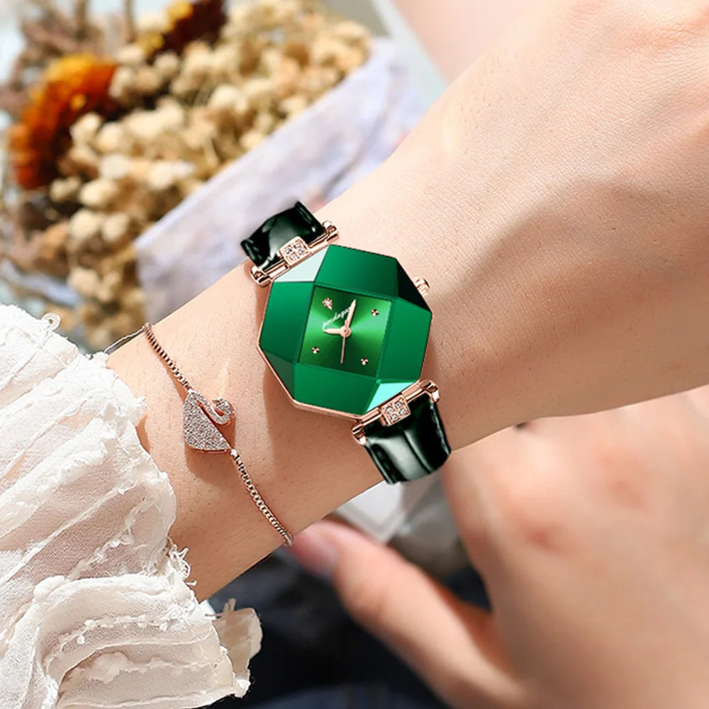 High Quality Luxury Women's Watch Diamond Quartz Waterproof Ladies Green Leather Watches