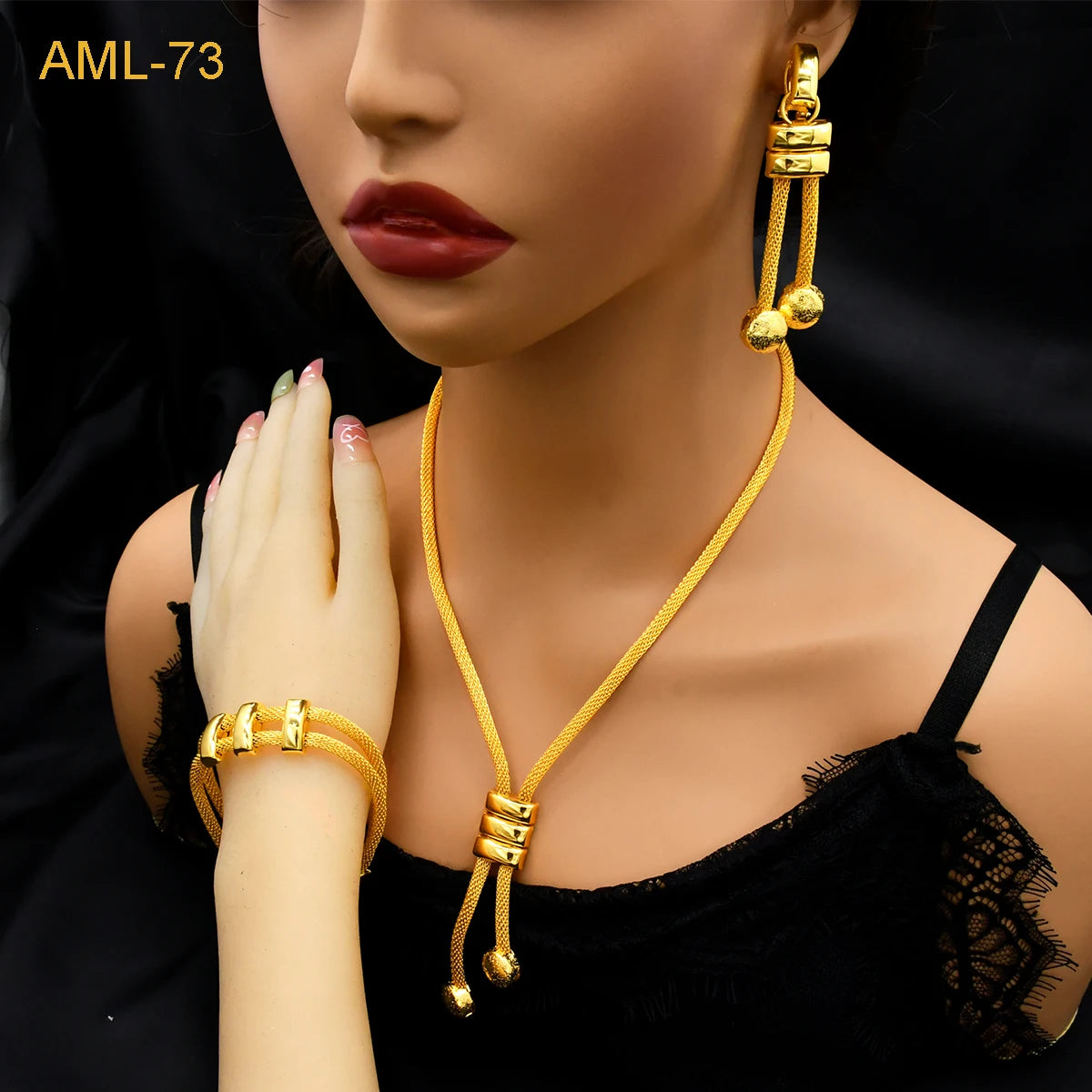 XUHUANG Indian 24k Gold Color Long Chain Jewelry Sets Dubai Necklace Earrings Ring Sets